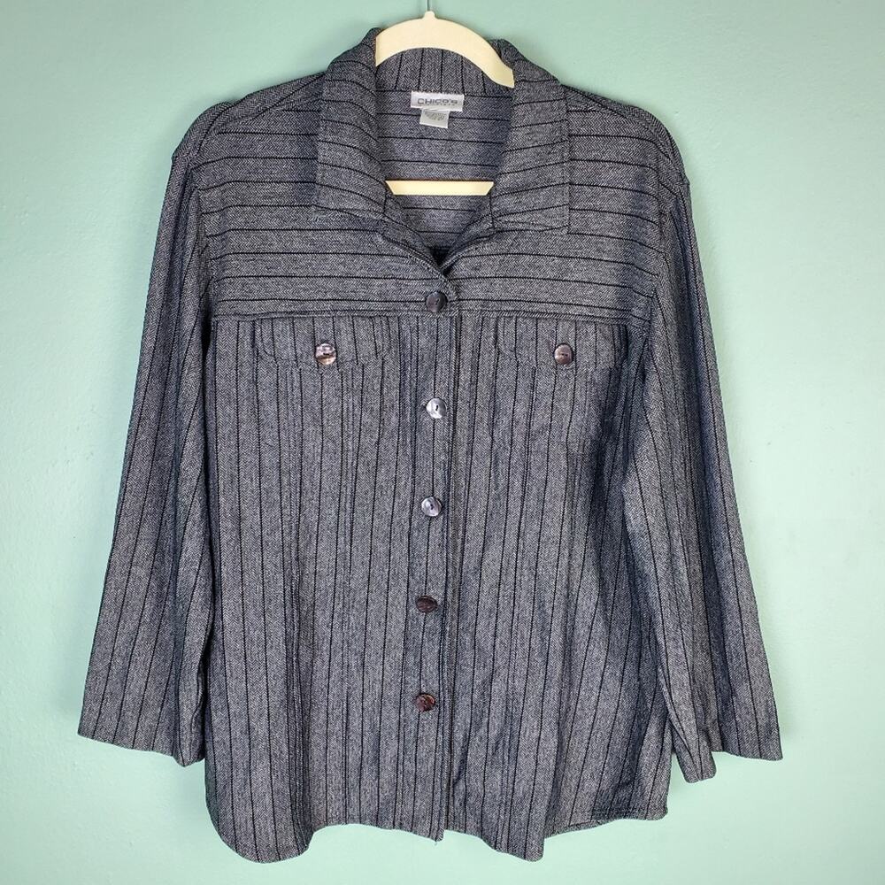Chico's Traveler Gray Herringbone Black Stripe Button Down Jacket Top Size 2
